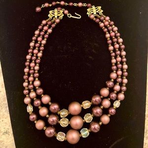Three strands faux big purple pearls and clear roundels, vintage made in Japan
